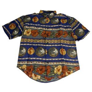 Forum Floral Hawaiian Button Up Shirt Top Men L Blue Orange Yellow Short Sleeve